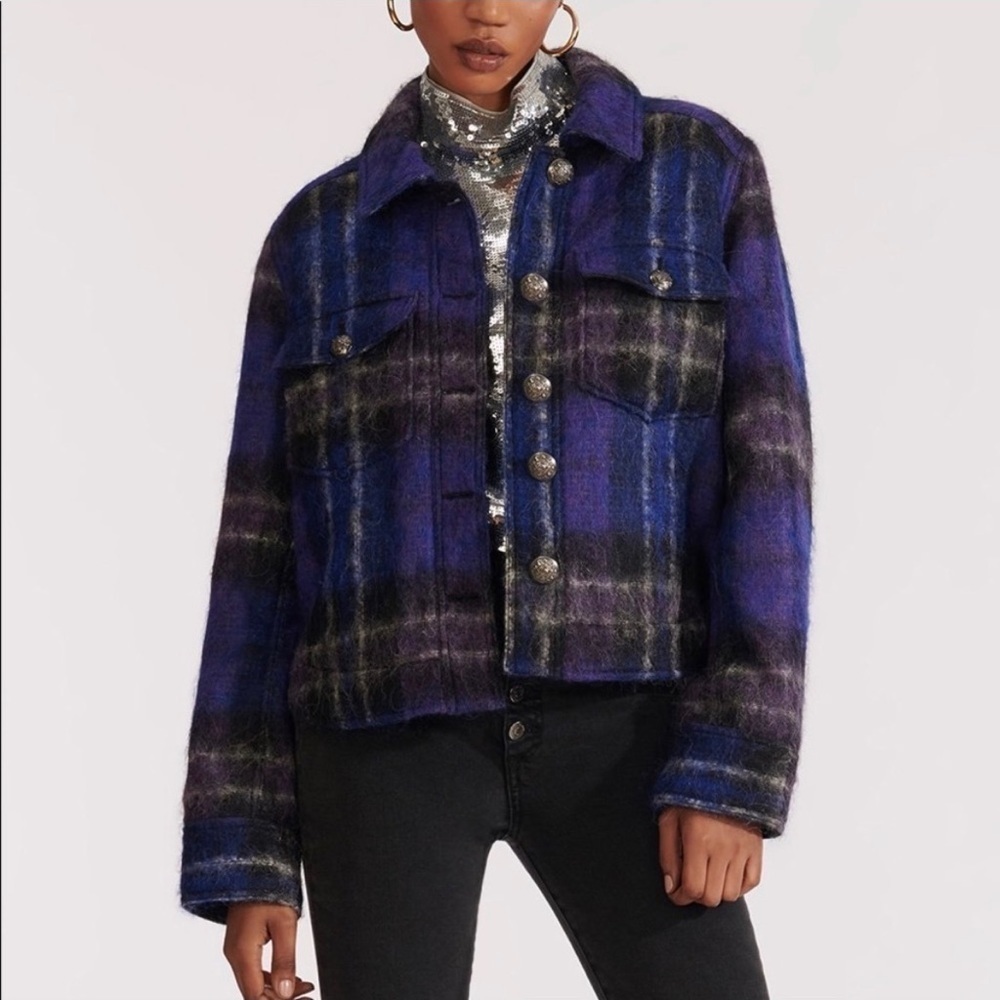 Veronica Beard Emmons Plaid Wool Mohair Blend Jacket Shacket Blue Size 6 Winter